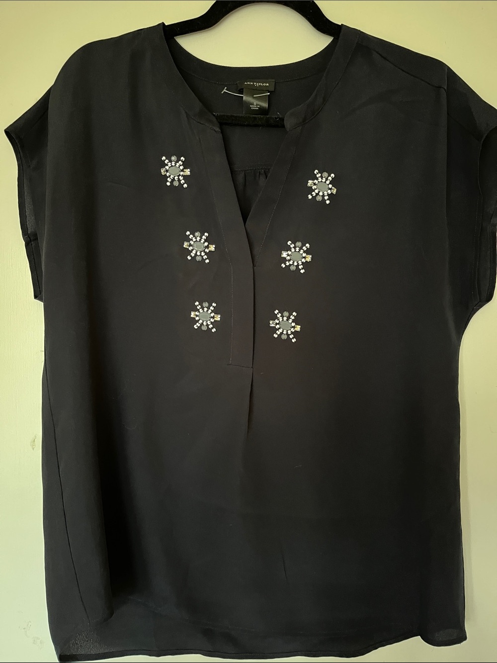 Ann Taylor Black Short-Sleeve Blouse with Crystal Star Embellishments
